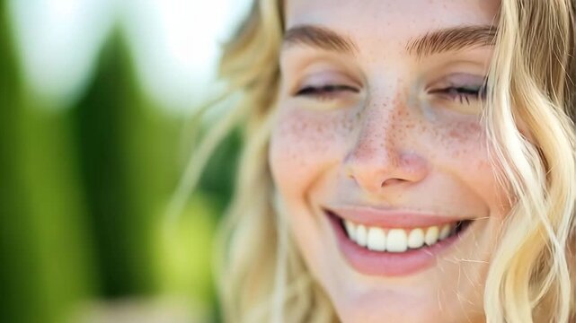 Video of happy smiling beautiful young woman with blonde hair walking outside in green fields and enjoying summer days.Slow motion.AI Generative.