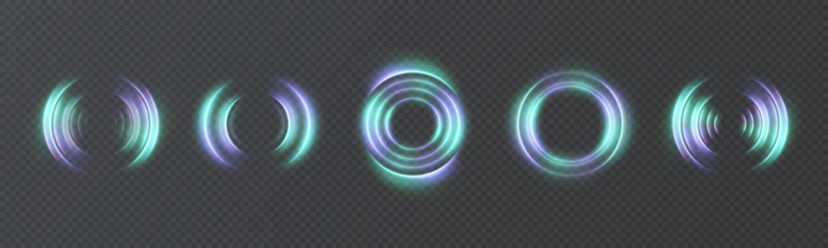 A set of glowing radar effects and wave-like patterns on a transparent background. Round signal elements for user interfaces, futuristic HUD visual effects, scanning animations, or sonar display desig