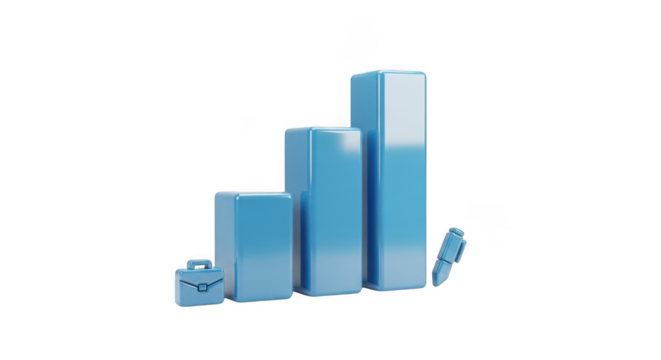 Blue 3D Bar Chart with Briefcase and Pen Representing Business Growth finance isolated on a transparent background