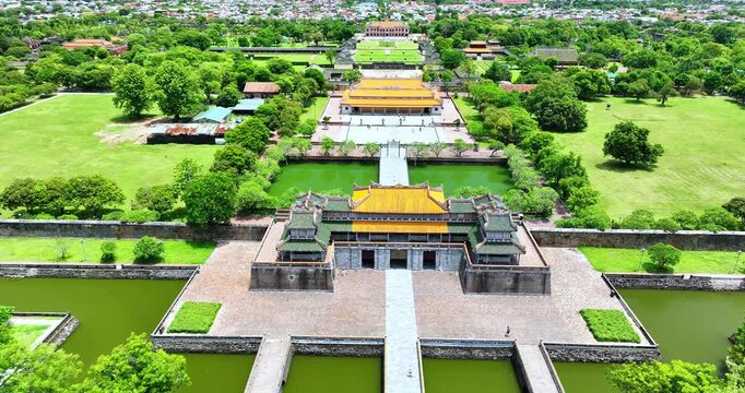 Aerial view of Landscape in the imperial Forbidden Citadel in Hue city, Vietnam. The place that leads to the palaces of kings, feudal officials in the 19th century in Hue, Vietnam