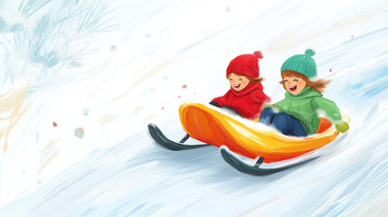 Two children happily sledding down snowy hill in winter landscape  