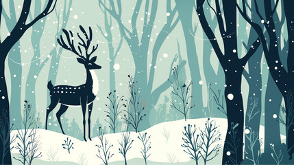 Deer standing in snowy forest with trees and ethereal atmosphere  