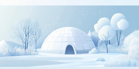 Igloo made of snow blocks in a snowy forest with fir trees and soft blue lighting at dawn  