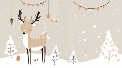 A big-eyed fawn stands in a snowy forest with icy ornaments on its branches. Christmas background, card, invitation.