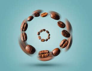 Spiral of Floating Coffee Beans on Blue Background