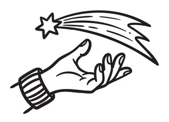 Obraz premium Black outline drawing of an outstretched hand reaching for a shooting star with a trailing tail.