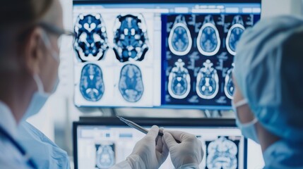 Caucasian surgeons collaborate on brain scan analysis for surgical strategy in operating room