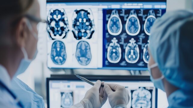 Caucasian surgeons collaborate on brain scan analysis for surgical strategy in operating room - Powered by Adobe