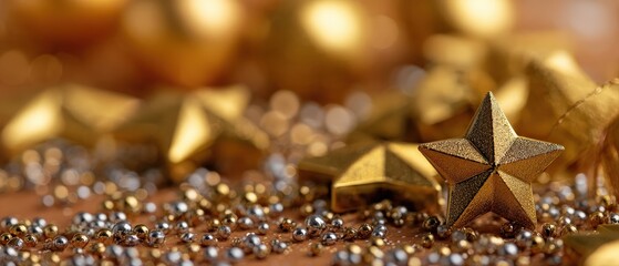 Golden Christmas star ornaments and silver beads on brown surface Festive holiday season decoration with elegant gold ribbon Concept of celebration, luxury, and new year