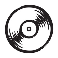 Black outline sketch of a vinyl record with visible grooves, symbolizing music and nostalgia.