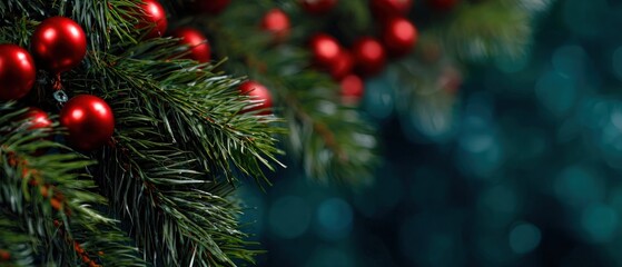 Festive Christmas background with red ornaments on evergreen tree branches, creating a holiday season mood with bokeh lights and copy space for greeting card design