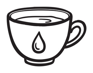 Black outline vector icon of a simple coffee cup with a single drop symbol on its side. minimal linear illustration for beverage, cafe, and drink concepts.