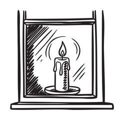 Obraz premium Black outline sketch of a lit candle with wax drips on a small plate, framed by a window. minimalist drawing for coziness and relaxation themes.