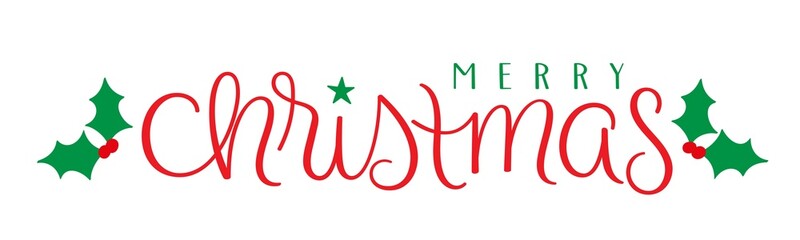 MERRY CHRISTMAS red and green hand lettering banner with holly motifs on transparent background