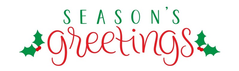 SEASON'S GREETINGS red and green hand lettering banner with holly motifs on transparent background