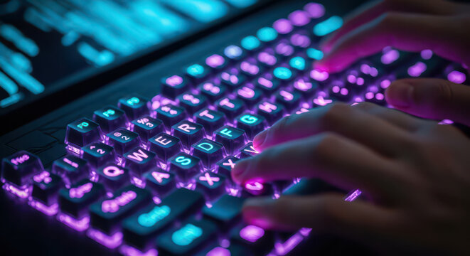 Gaming and technology with hands typing on illuminated keyboard, close up of gamer or programmer using computer for esports or coding