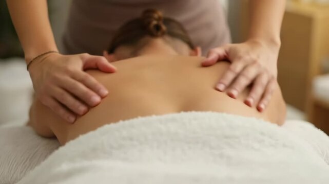 Terapia de relajaci&oacute;n: Masajista profesional dando un masaje de espalda a una mujer en un lujoso sal&oacute;n de spa.