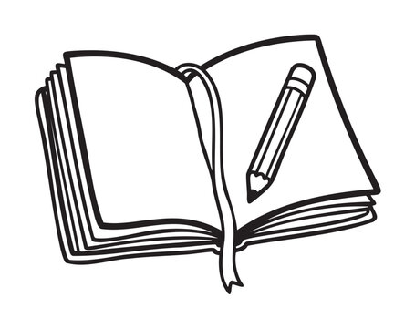 Black outline drawing of an open book with a ribbon bookmark and a pencil placed on its pages, signifying writing or journaling.