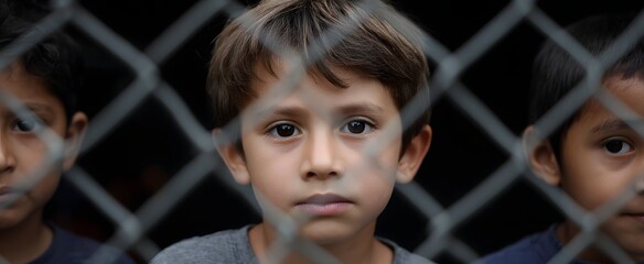 Children separated yet clutching hope inside a restrictive migrant holding center’s tight cage.