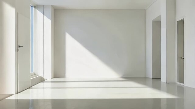 A bright, spacious, and ultra-modern empty room bathed in natural sunlight, casting strong geometric shadows across the pristine white floor and wall. This minimalist interior design features clean li
