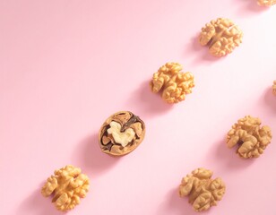 Single Cracked Walnut Among Whole Kernels on Soft Pink Background