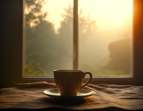 Cozy morning scene with steaming mug on a table by a window, overlooking a foggy, golden sunrise. - Powered by Adobe