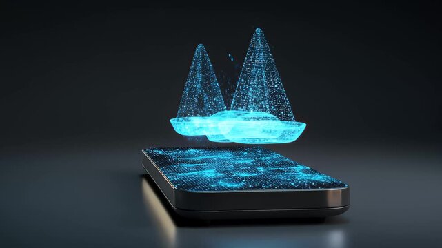 Digital hologram display showcasing a futuristic object in a dark setting