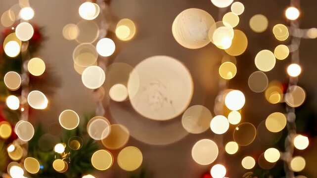A captivating abstract background with warm, shimmering golden and white bokeh lights. Soft, blurred circles gently drift, creating a magical, festive, and cozy atmosphere. Excellent for holidays, cel