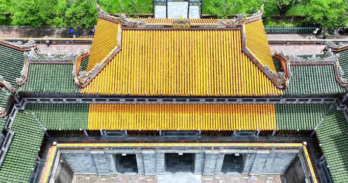 Aerial view of Landscape in the imperial Forbidden Citadel in Hue city, Vietnam. The place that leads to the palaces of kings, feudal officials in the 19th century in Hue, Vietnam