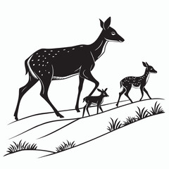 Silhouette of deer family walking on grassy hillside in artistic style isolated on transparent background