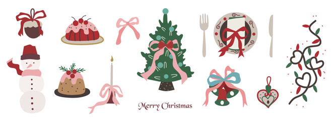 Whimsical Christmas doodle symbol festive and holiday icon. Green, red, pink elements illustrations for sale, promotion, branding, labels, posters, cards, invitation, greeting card, social media.