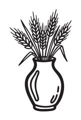 Obraz premium Black outline illustration of a vase filled with wheat stalks, representing simplicity and nature.