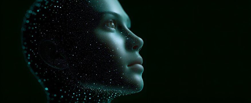Futuristic digital human head profile glowing with vibrant neon particles and sleek design