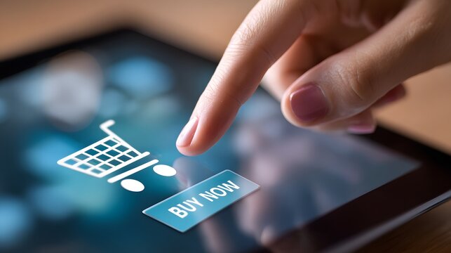 Close-up of finger touching a digital tablet screen with an online shopping cart icon