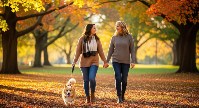 Happy couple holding hands while walking their corgi dog in beautiful autumn park, two women in love enjoying romantic date