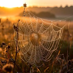 Morning sun illuminates a spiderweb with dew drops
