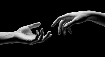two hands reaching for connection and help, representing human partnership, god and technology relationship on black background © Celt Studio