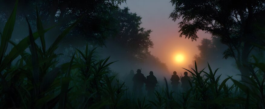 Guerrilla fighters silently navigate the dense forest at dawn filled with tense anticipation