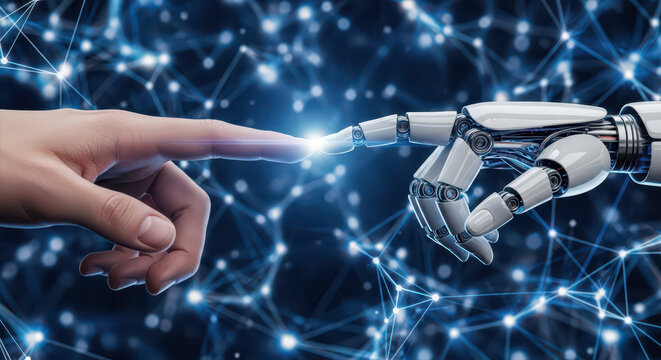 Artificial intelligence and humanity concept with robot and human hand, connection between machine and person representing future technology and partnership