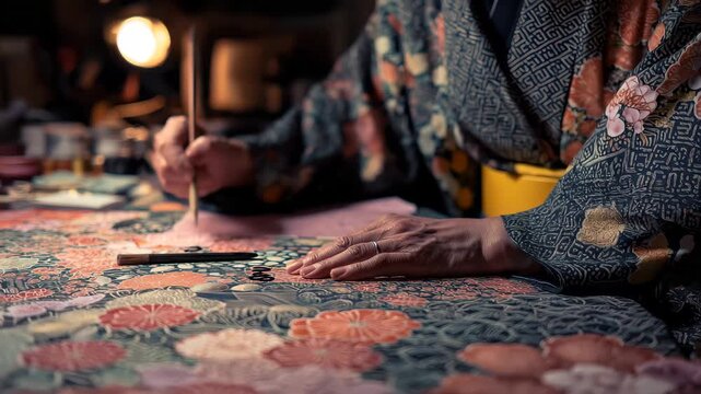 Artisan meticulously painting floral patterns on fabric in a cozy workshop in the evening light