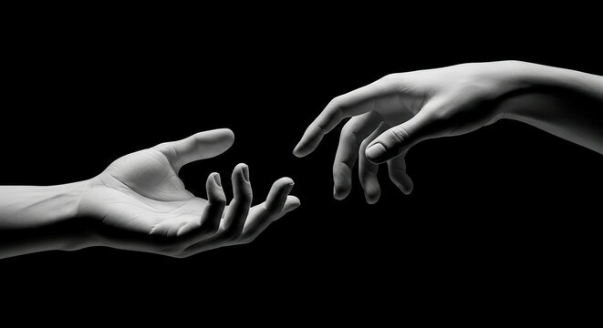 two hands reaching for connection and help, representing human partnership, god and technology relationship on black background