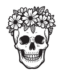 Fototapeta premium Black and white detailed drawing of a human skull adorned with a floral crown, featuring daisies and leaves.
