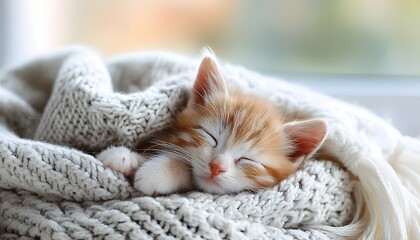 Adorable kitten sleeping peacefully in a soft knitted blanket