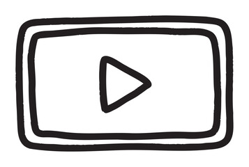 Black outline drawing of a play button inside a rectangular video player frame, representing media playback.