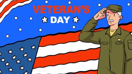 Animated tribute for Veteran’s Day showing an elderly soldier saluting proudly in front of a waving American flag. Perfect for honoring veterans, patriotism themes, and national celebration content
