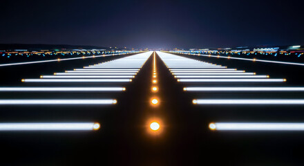 Airport runway lights at night for concept of travel, departure, landing, or transportation © Celt Studio