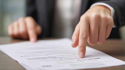 A professional hand pointing at a document on a desk, signifying important business decisions or agreements.