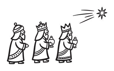 Obraz premium Black outline illustration of three wise men wearing crowns and robes, each carrying a gift, following a guiding star.