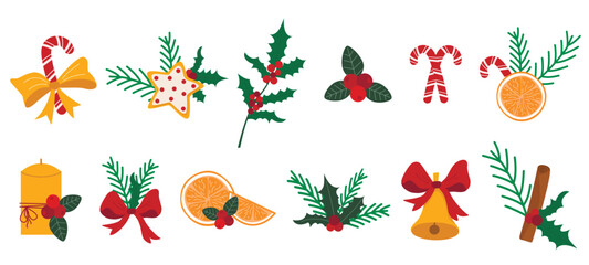 Christmas and New Year's themed set of decorative elements. Clip art with holly, berries, fir branches, bell, candy cane, gingerbread, mandarin, and cinnamon stick. Cozy, atmospheric holiday