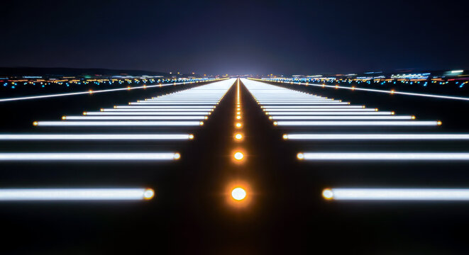 Airport runway lights at night for concept of travel, departure, landing, or transportation